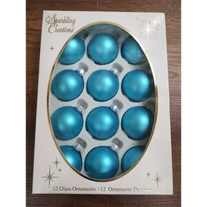 Vtg Sparkling Creations 12 Glass Ball Christmas Ornaments Teal Satin Finish O58